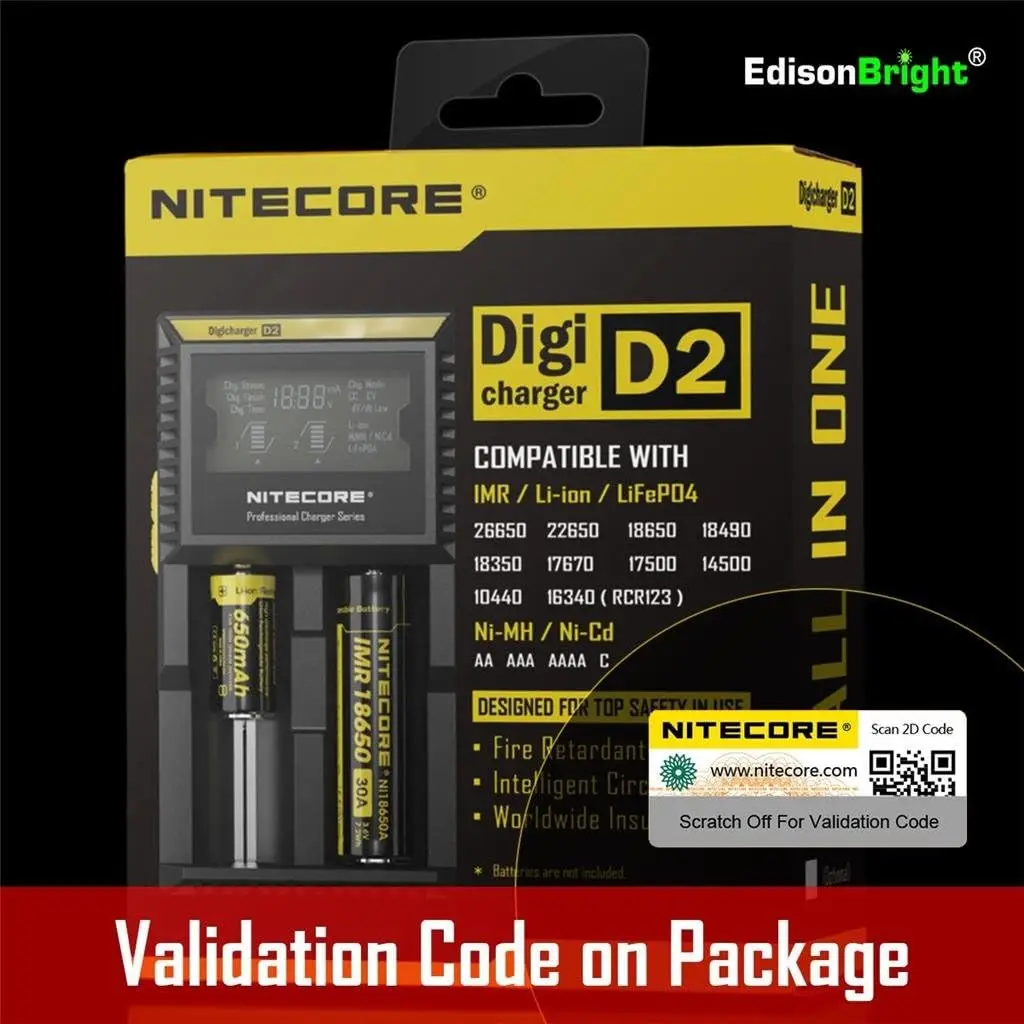 Nitecore D2 شاحن ذكي LCD 2015 لـ 18650 26650 AA AAA Ni-MH Ni-Cd مع أسلاك وفواصل تيار متردد/تيار مستمر