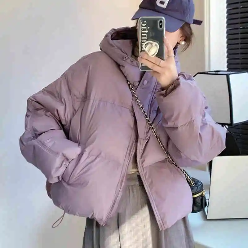

Короткая пуховая хлопковая куртка большого размера с капюшоном, женская зимняя новинка дизайна, свободные пальто с хлопковой подкладкой, корейское утолщенное теплое пальто