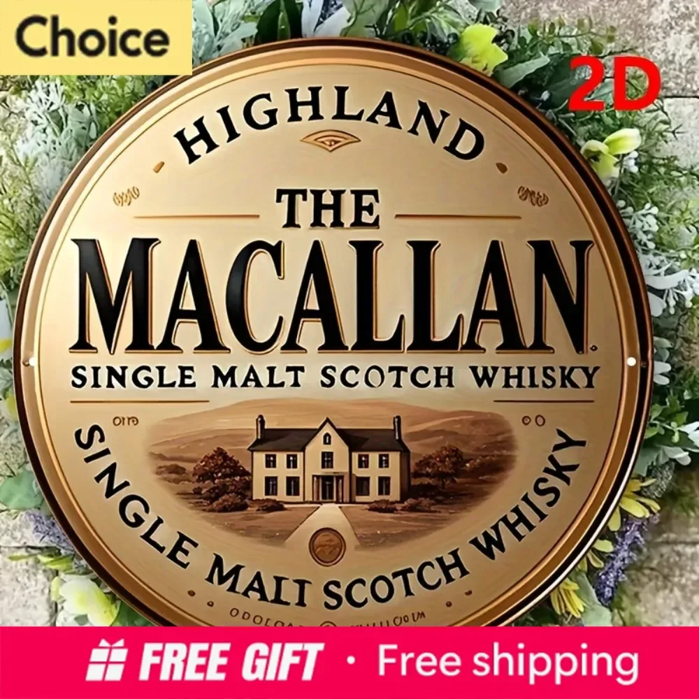 2026 Vintage The Macallan Highland Single Malt Scotch Whisky Metal Wall Art, Round Retro Whiskey Decorative Tin Sign, Rustic