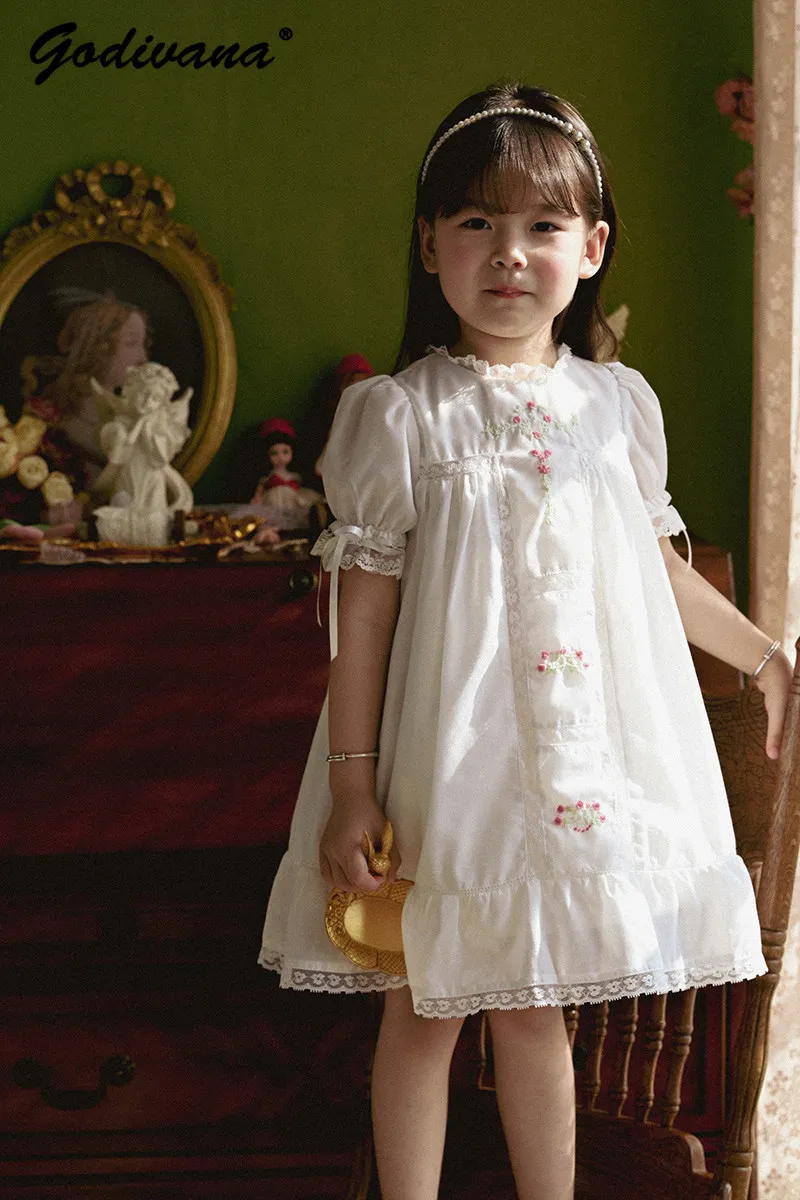 Cute Baby Girls Handmade Embroidery Vintage Cotton Princess Dress Kids Puff Sleeve Lace Trim O-neck High End Birthday Party Gown
