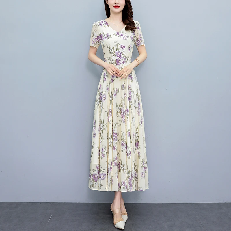 أنيقة فاخرة حفلة موسيقية Bodycon فستان طويل المرأة الأزهار الشيفون عادية بوهو شاطئ فستان الشمس 2025 خمر طباعة ليلة ميدي فستان