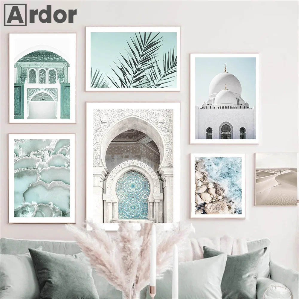 Beach Moroccan Posters Arched Bismillah Islamic Canvas Painting Muslim Architecture Wall Art Print Pictures Living Room Decor