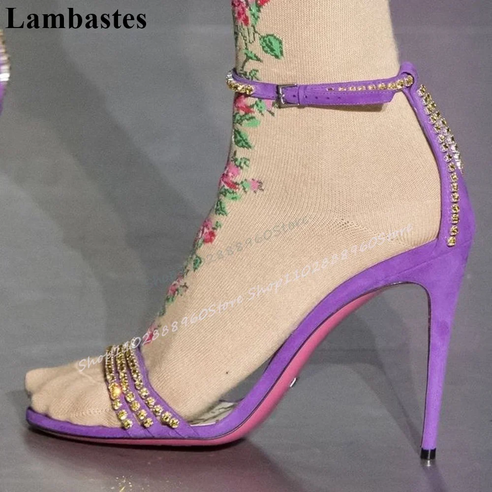 

Trendy Purple Sparkling Crystal Decor Sandals Thin High Heel Women Shoes Ankle Buckle Strap Open Toe 2025 Zapatos Para Mujere