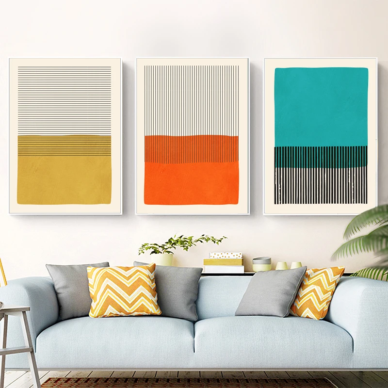 (2D Canvas Painting)  Modern Multicolored Yellow Black Turquoise Abstract Geometric Poster Wall Art Canvas Painting Prints Ga