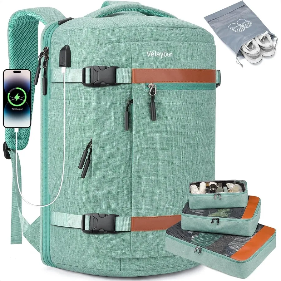 

42L Travel Backpack with 4 Packing Cubes TSA Friendly Flight Appd CarryOn Bag with USB Charging Port WaterResistant Weekender B