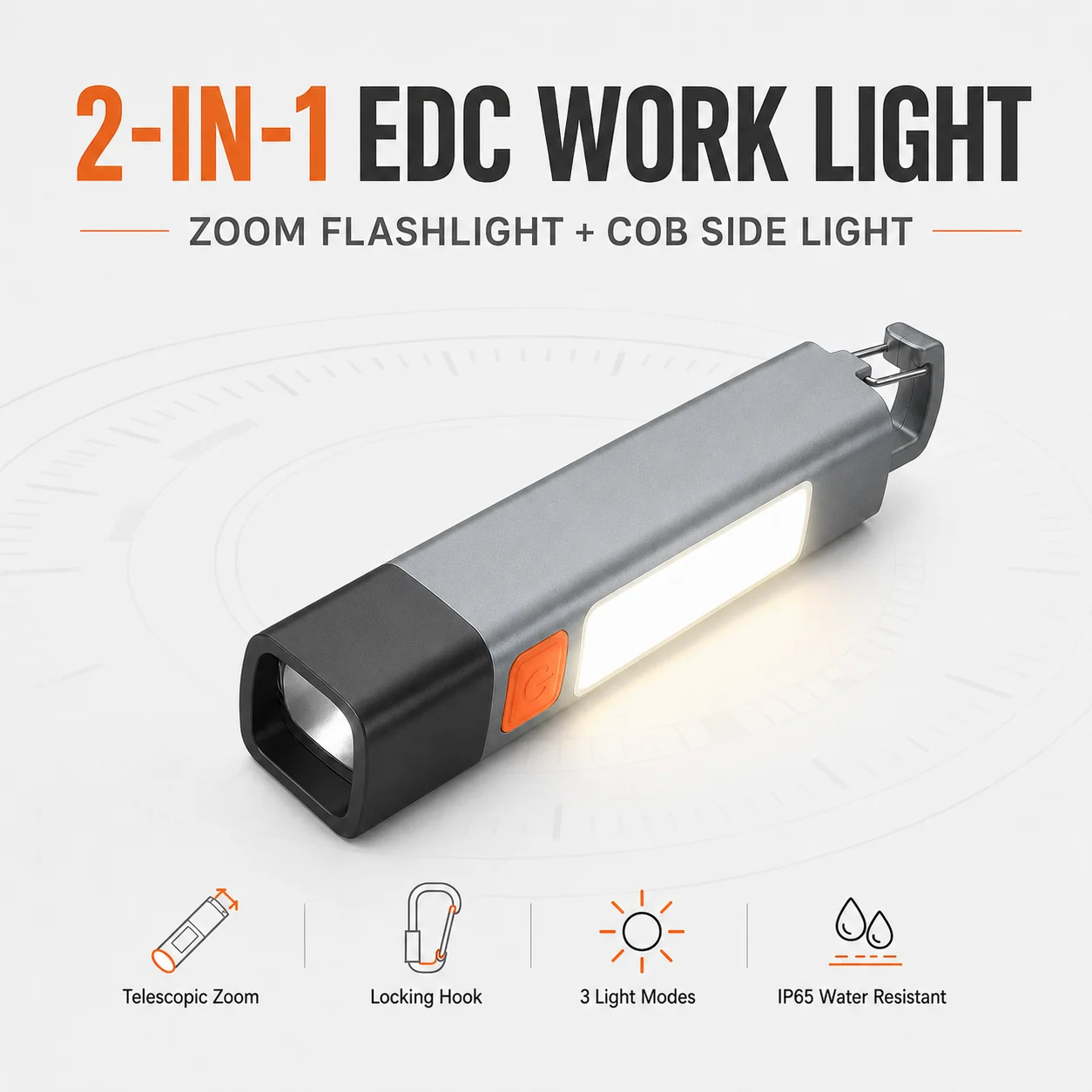 USB-C Rechargeable EDC Flashlight XPE Zoom LED Torch COB Side Work Light Hanging Hook 3 Modes for Car Repair Home Power Outages