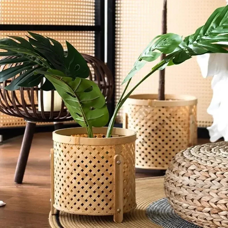 Nordic Plant Stand Handmade Bamboo Weaving Stand For Flowers Living Room Floor Flower Stand Balcony Green Plants Indoor Garden