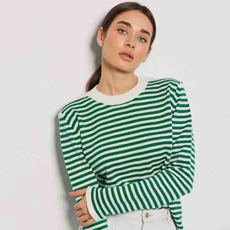 

2023 Woman Fall O Neck Sweater Knitted Soft Striple Long Sleeve Pullover Vintage Basic Slim Tops Fashion Simple Chic Jumper