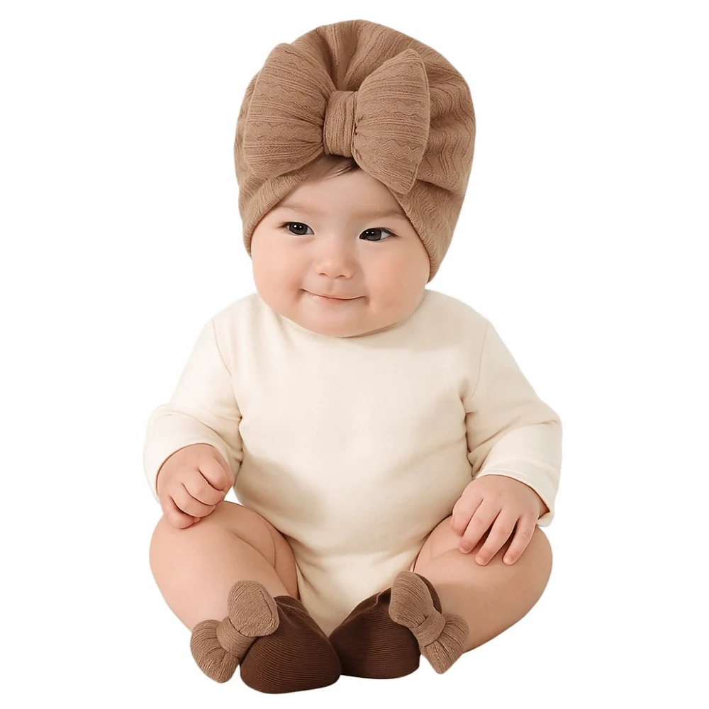 

3Pcs/Set Headwear Bow Baby Hat Socks Set Cotton Solid Color Baby Fetal Cap Keep Warm Elastic Newborn Turban Hat Toddler