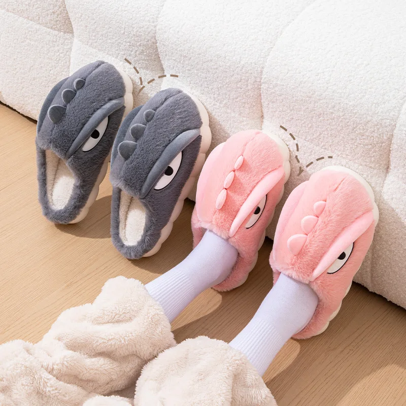 Dinosaur Slippers Adults Winter Flip Flops Mens Warm Fur Slides Green Dino Slippers Man Fuzzy House Shoes Men\'s Animal Slippers