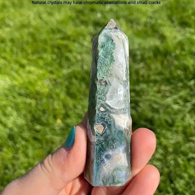1pc Natural Moss Agate Tower Wand for Spiritual Use - Hexagonal Point Chakra Home Decor