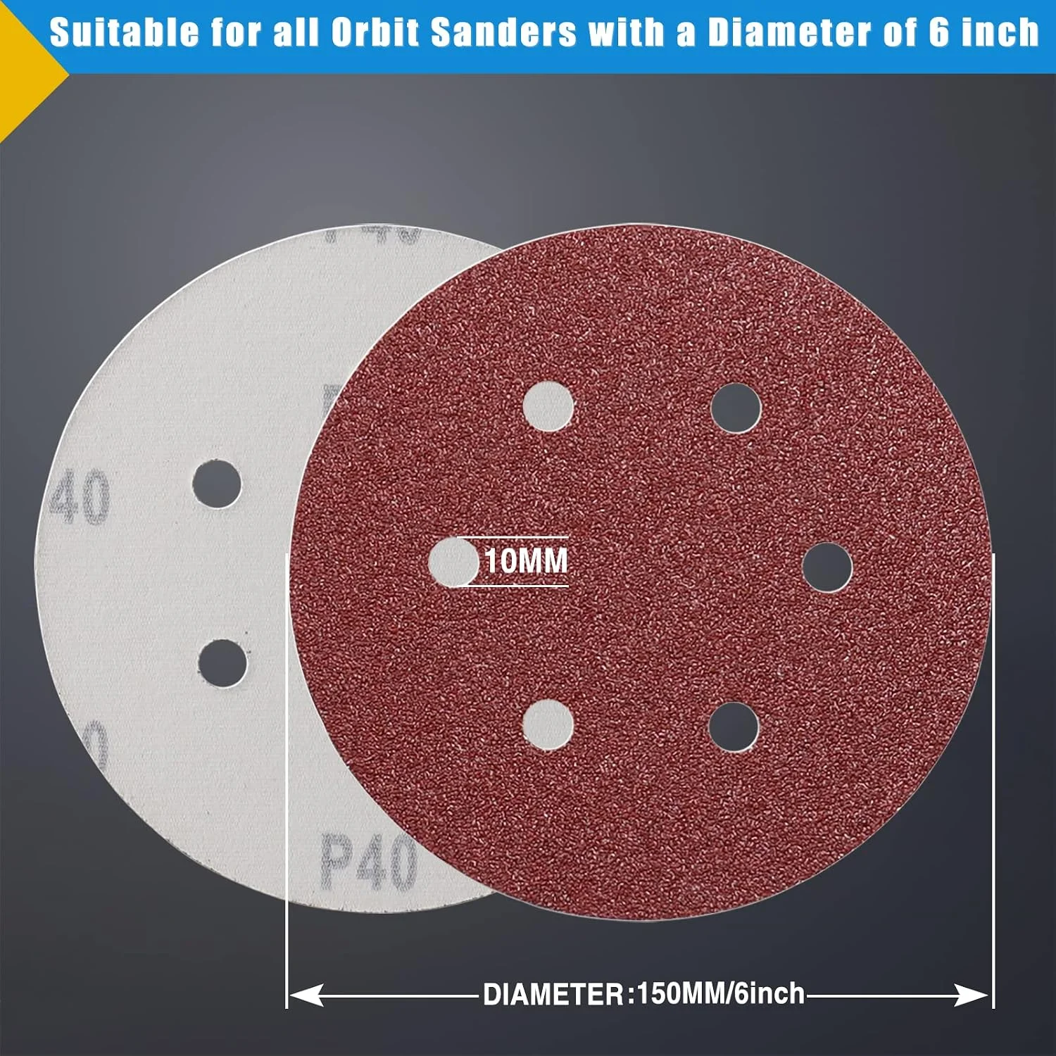 50/100 Pcs 150mm Sanding Discs Hook and Loop 40-1000 Grits Sandpaper 6 Inch 6 Hole Sanding Pad,for Random Orbital Sander