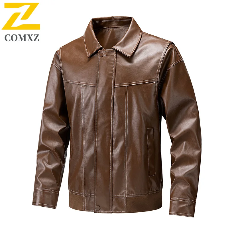 COMXZ PU Leather Jacket Men New Premium Loose Camping Leather Coat Fashion Turndown Collar Street Style Comfort Outerwear