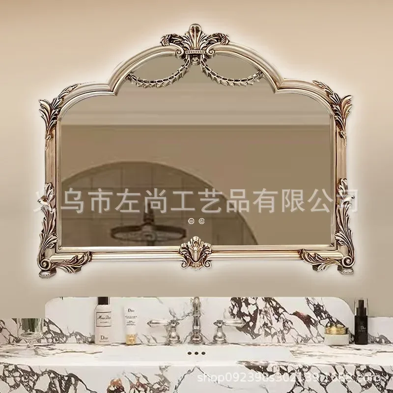 French Retro Carved Bathroom Mirror Decorative Wall Mirror for Toilet Dressing Area Living Room Entrance Home Decoration
