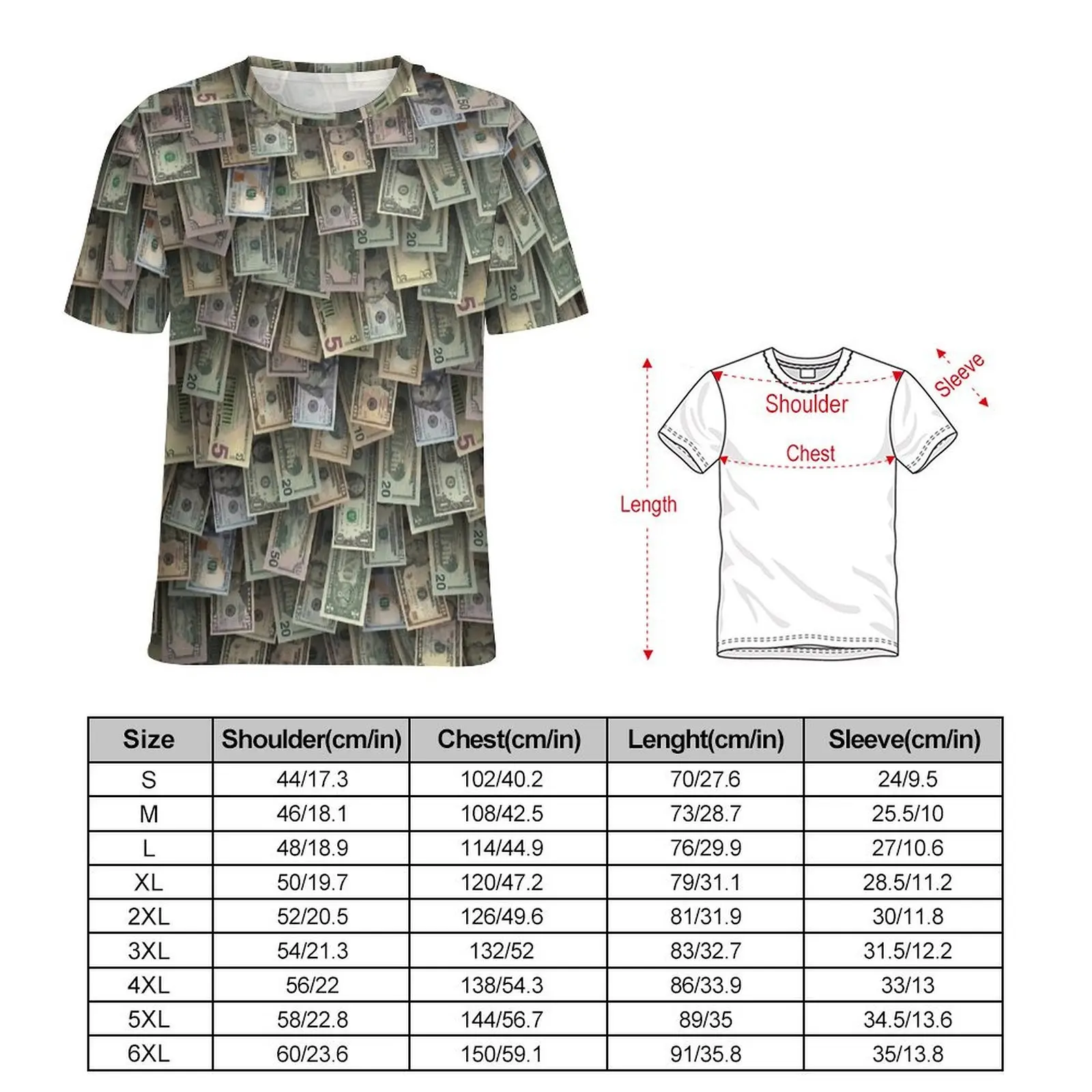 US Dollars Tiled Mixed Bills Print T-Shirt For Man Design O Neck T Shirts Original Vintage Tops Short Sleeve Plus Size Tee Shirt