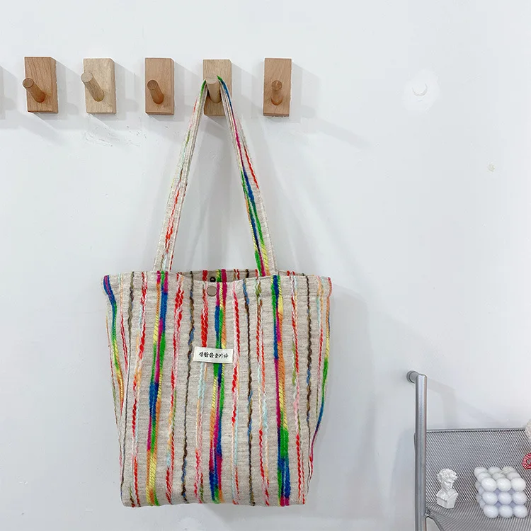 2024 New Rainbow Stripes Contrasting Color Canvas Shoulder Bag Fashionable Simple Tote Bag