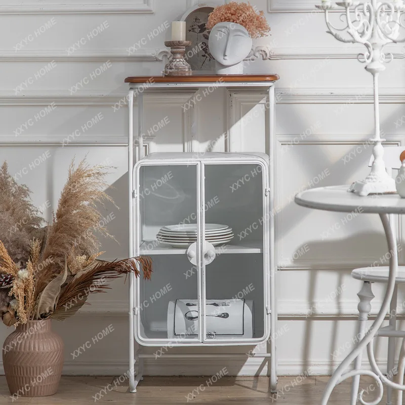 

M Modern simple style white wrought iron dining side cabinet, living room creative storage glass homestay decorative locker