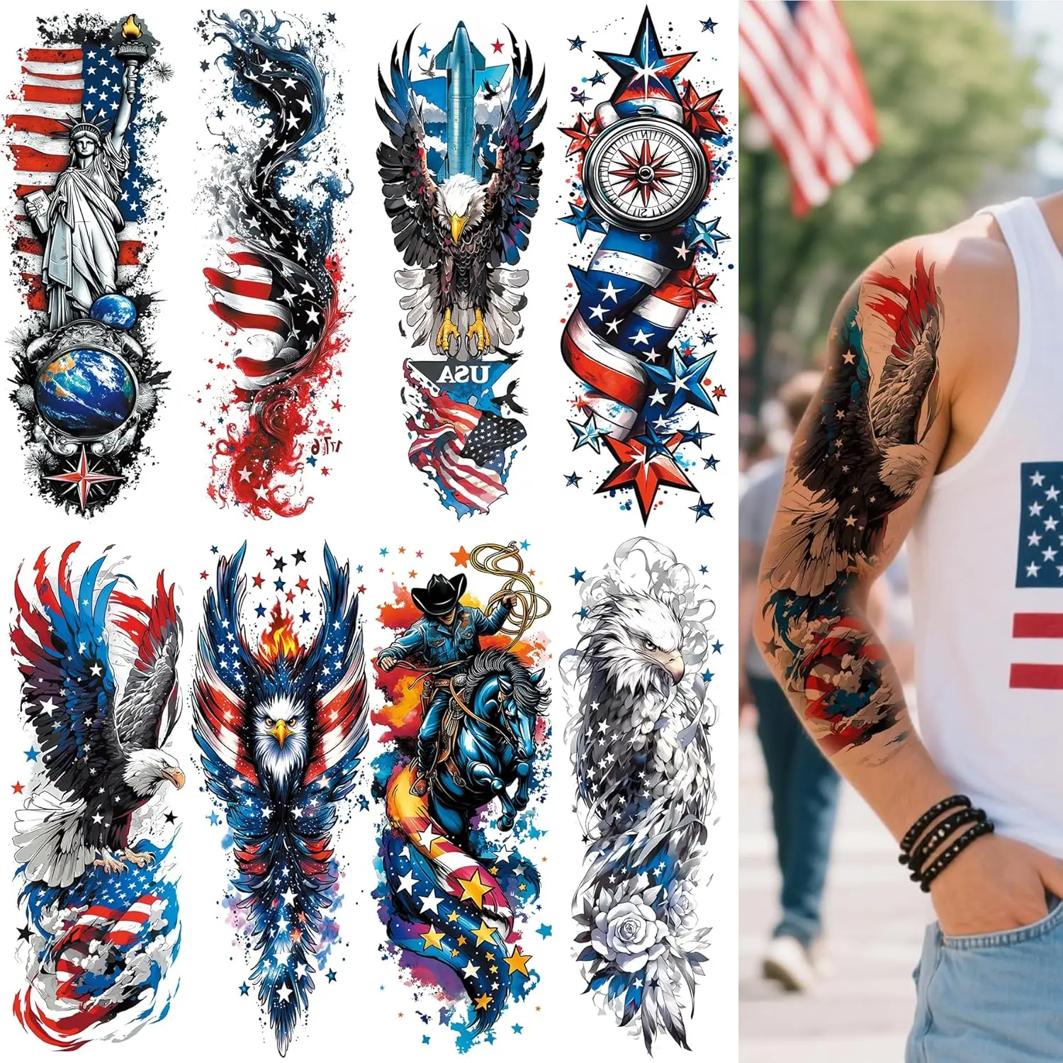 

8 Sheets Independence Day Temporary Tattoo, 4th of July Patriotic Sleeve Tattoo, American Flag Fake