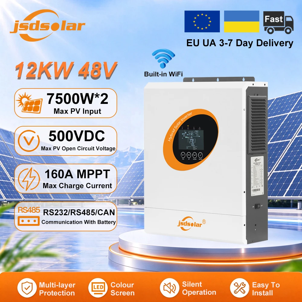 Jsdsolar Inverter Solare Ibrido 12KW 48V 230V Off Grid a Onda Sinusoidale Pura con Caricatore MPPT 160A, Doppio Ingresso PV e WiFi, Inverter Silenzioso per Pannelli Solari Fotovoltaici