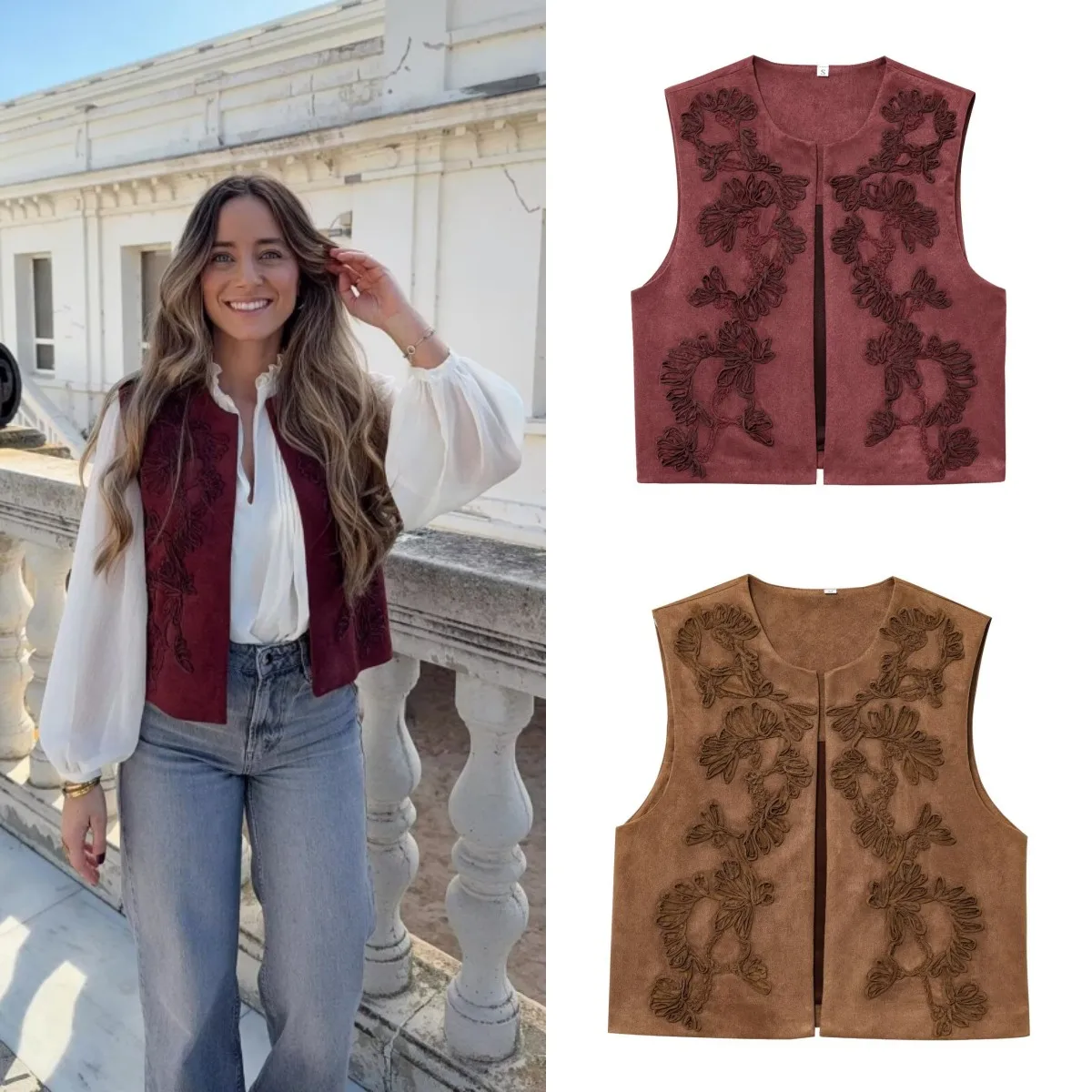 ETJ 2025 new  women's western denim style three-dimensional embroidery decorative round neck suede texture sleeved waistcoat