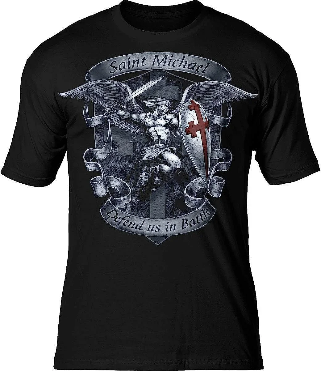 Saint Michael 'Defend Us In Battle' Men's T-Shirt Short Sleeve Casual Cotton O-Neck Summer Mens T Shirts