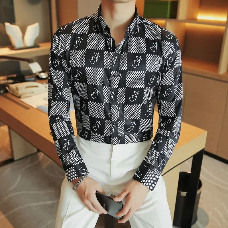 Brand Plaid Shirts Men Long Sleeve Slim Casual  High-quality Business Formal Dress  Social Party Tuxedo Blouse M-4XL