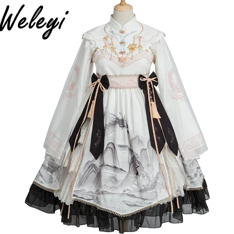 

Four Seasons New Ancient Chinese Style Fashion Women's Long Sleeve Dresses for Women Princess Lolita Sweet Midi Dress Ladies