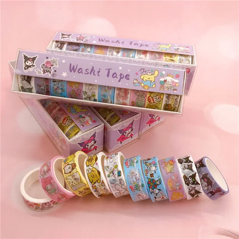 10Roll Sanrio Kawaii Hello Kitty Washi Tape Kuromi Cinnamoroll Anime Cartoon Student DIY Sticker Girl Creative Handbook Material