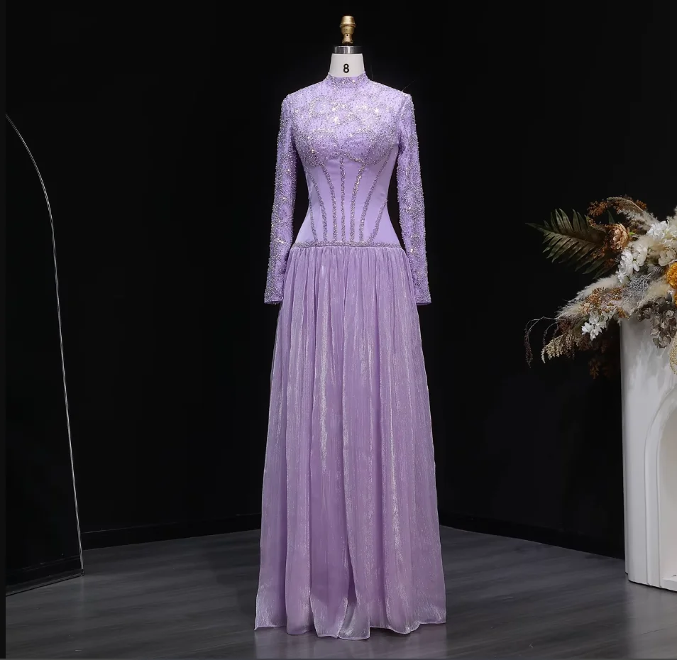 

Lilac Elegant Long Sleeve Evening Dress Luxury Beaded Arabic Wedding Guest Party Gowns Prom Dresses Customized