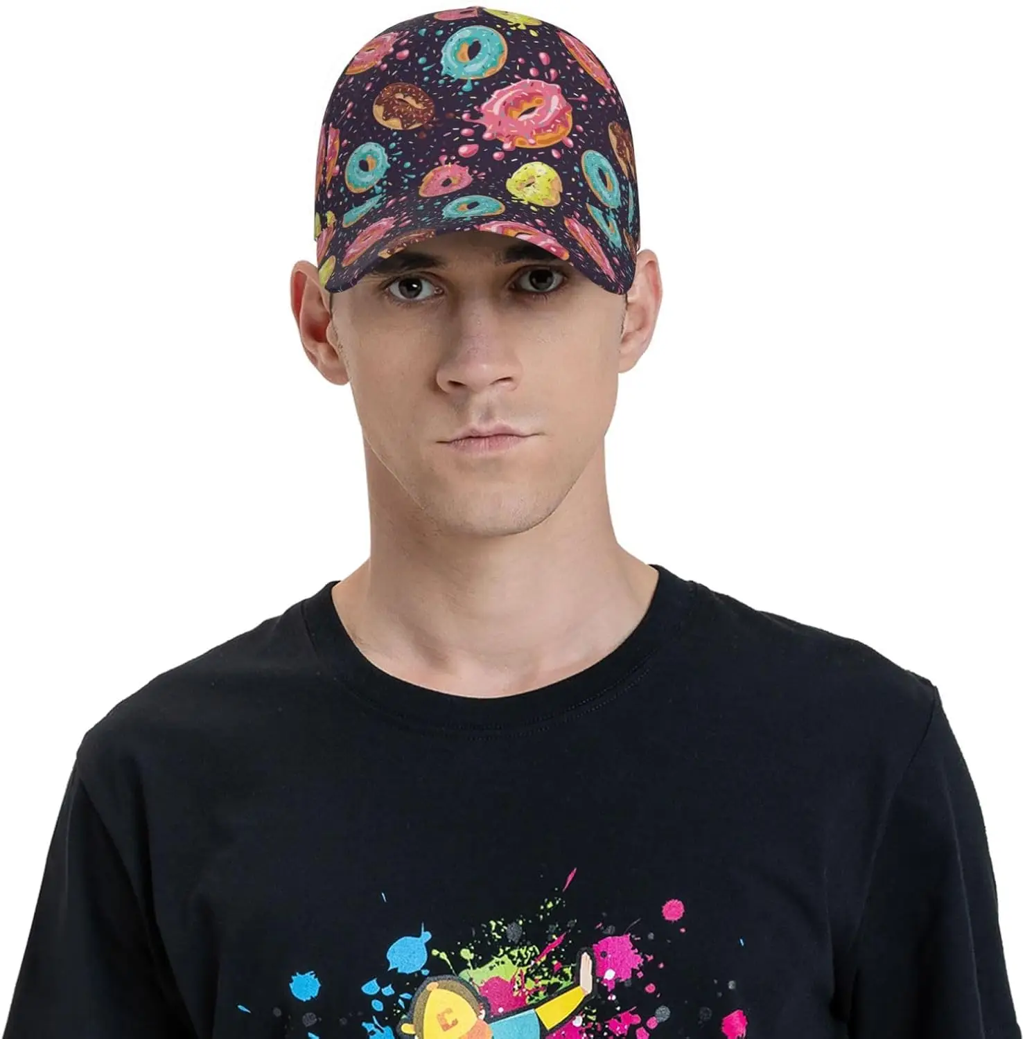 Colorful Glazed Donut Print Playful Sweet Treats Hat Unisex Baseball Cap Adjustable Polyester Snapback Hat for Men Women
