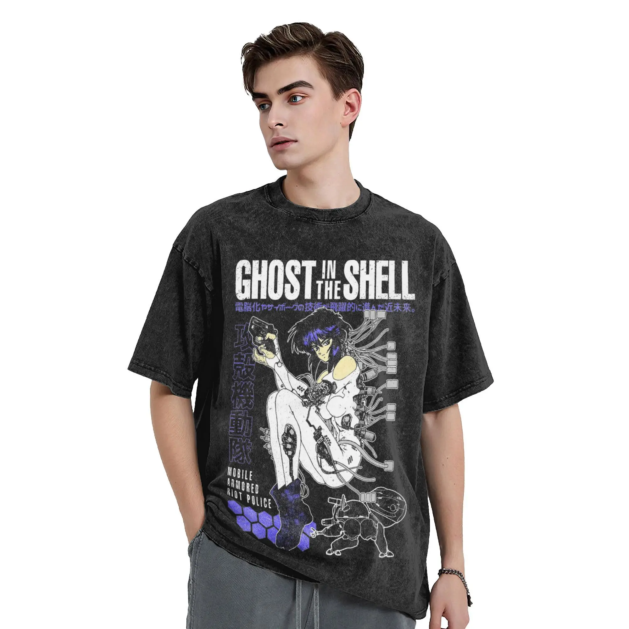 Funny Ghost in the Shell Anime Motoko Kusanagi Vintage Washed T-Shirt Men's O-neck Short Sleeve Tops Cotton Summer Clothes