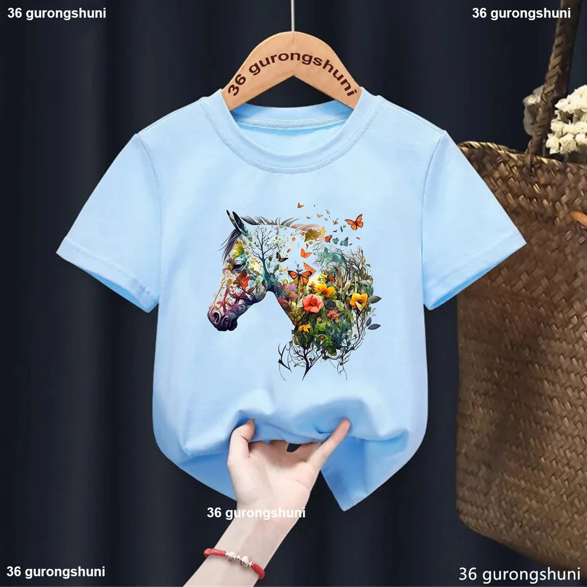 Kawaii Girls T-Shirts Watercolor Horse Flowers Graphic Print T Shirt Kids Fashion Casual Girls Clothes Blue Shirt Tops 1-13th