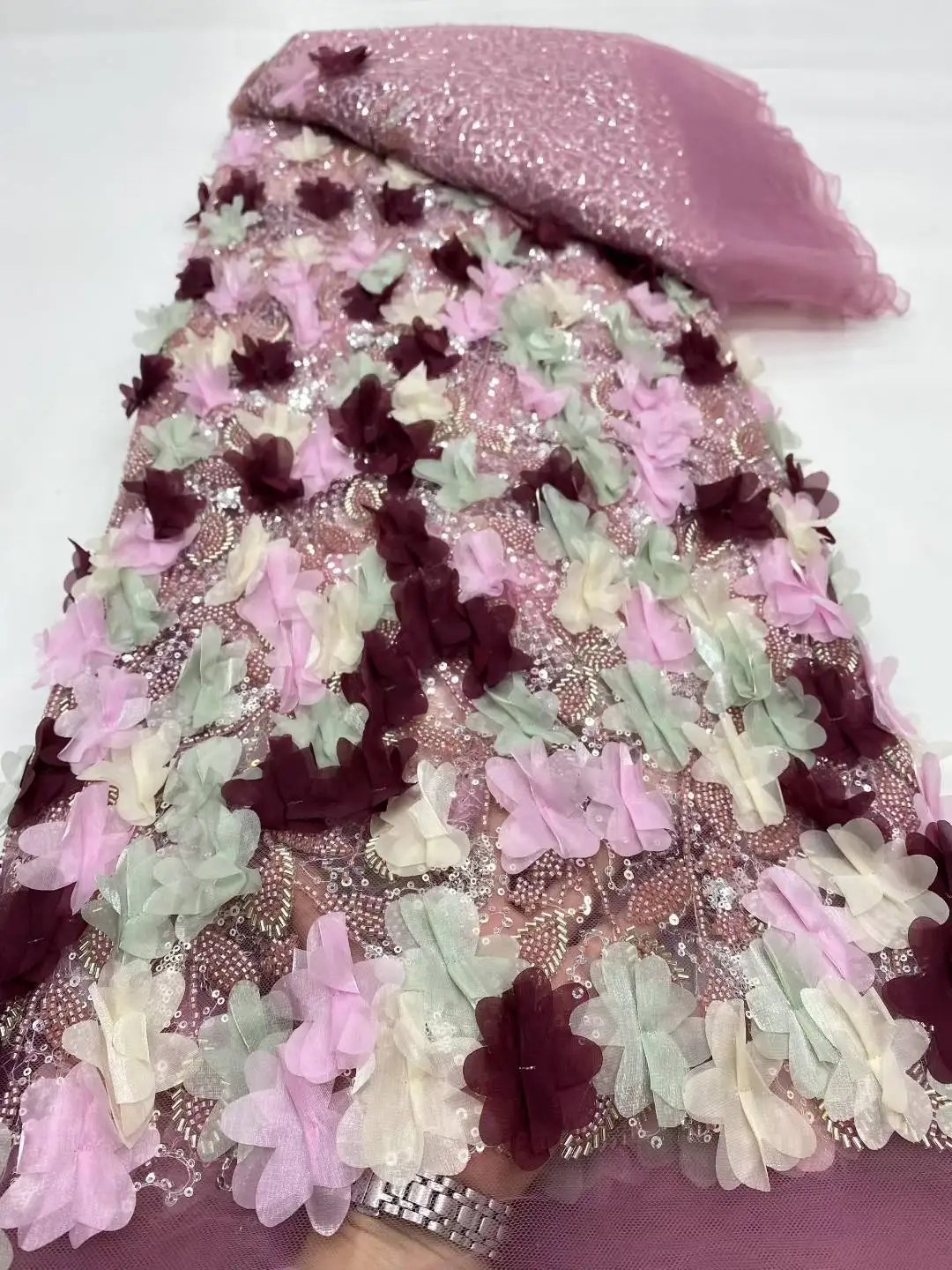 2025 Latest Best Quality Delicate Soft 3D Embroidered Tulle Lace Fabric with Stones for Wedding Evening Dresses  U_GE1935