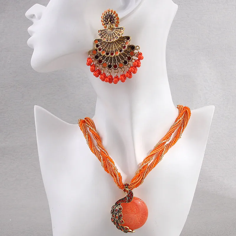 New Vintage Orange Jewelry Sets Handmade Beads Choker Necklace Earrings Set For Women Bijoux Statement Collar Necklaces Set