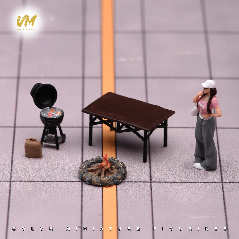Painted Miniatures 1/64 Scale Camping Four-piece Set Table Grill Charcoal Fire Scene Figure Accessory Model For Cars Vehicles