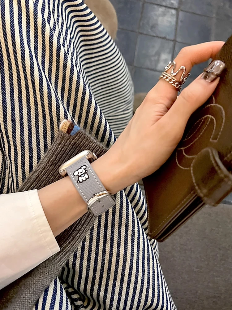 Cinturino in pelle cucciolo carino per iWatch Ultra 10 9 8 7 6 5 SE 4 cinturino in denim per Apple Watch 41mm 40 38mm 49mm 42mm 45mm 46mm