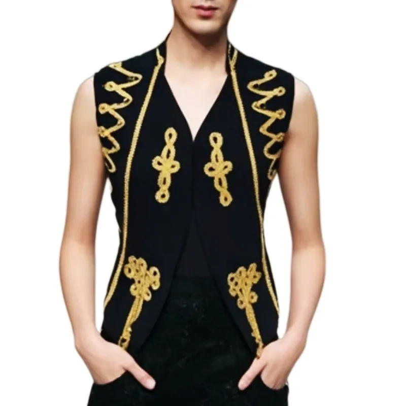 Men's Vintage Waistcoat Palace Costume Stage Vest Black White British Style Rock Singer Concert Performance Cosplay Court Vest