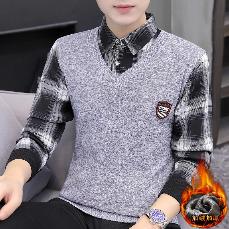 Men's Casual Fake Two Sweaters Knitwear Fashion Plingham Letter Print Sweater Vest Long Sleeved Shirt