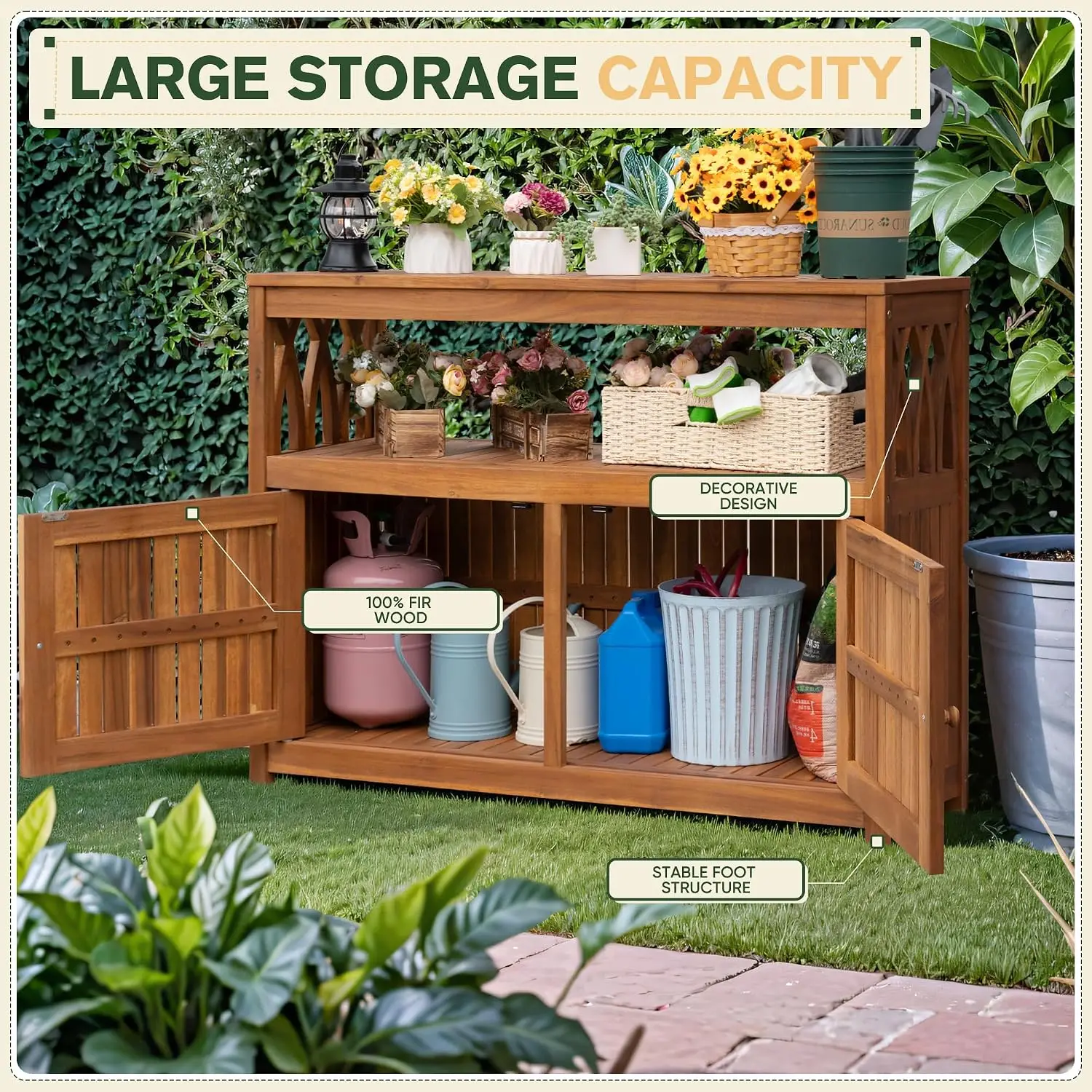 2‑Tier Acacia Wood Outdoor Storage Cabinet with 2 Magnetic Doors