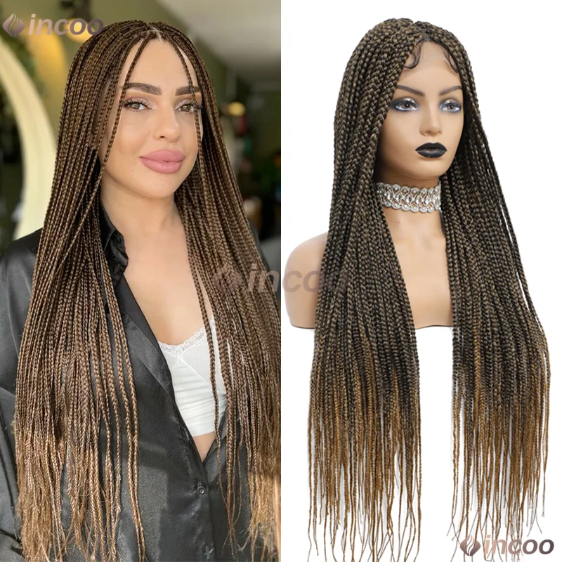 36" Synthetic Wig Lace Front Wigs for Women Cornrow High Density Lace Wig Box Brown Hair Wigs On Sale