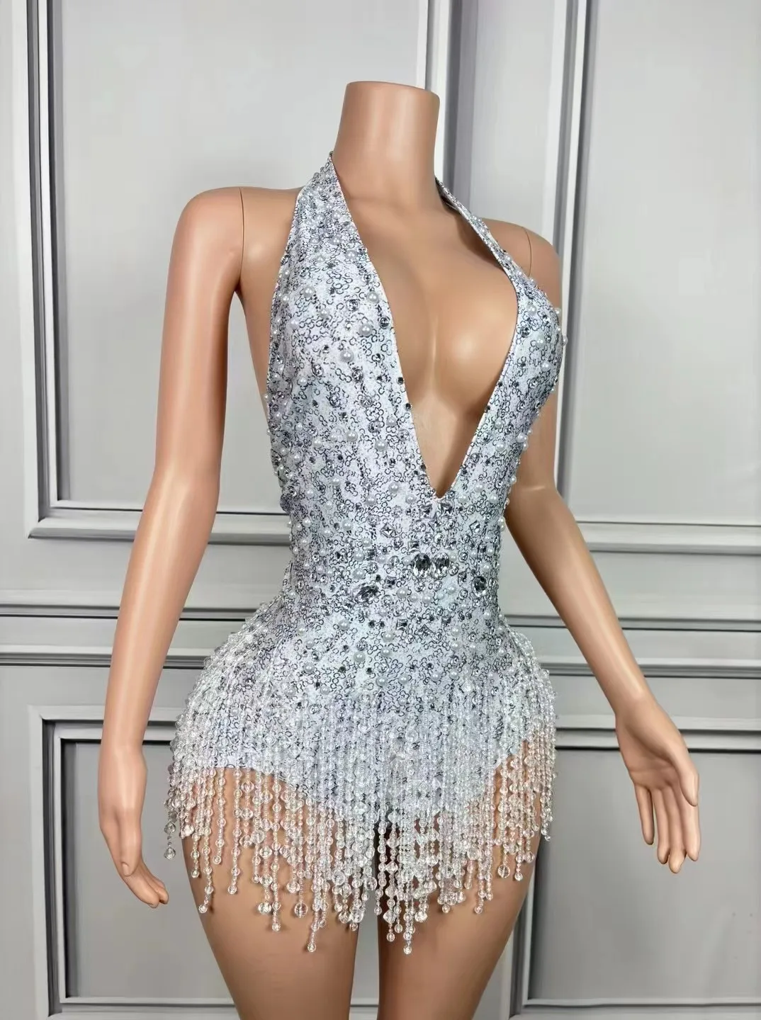 Sexy Deep V Neck Backless Performance Dance Costume Sparkly Rhinestones Pearls Fringes Bodysuit Dancer Stage Wear Club Outfit