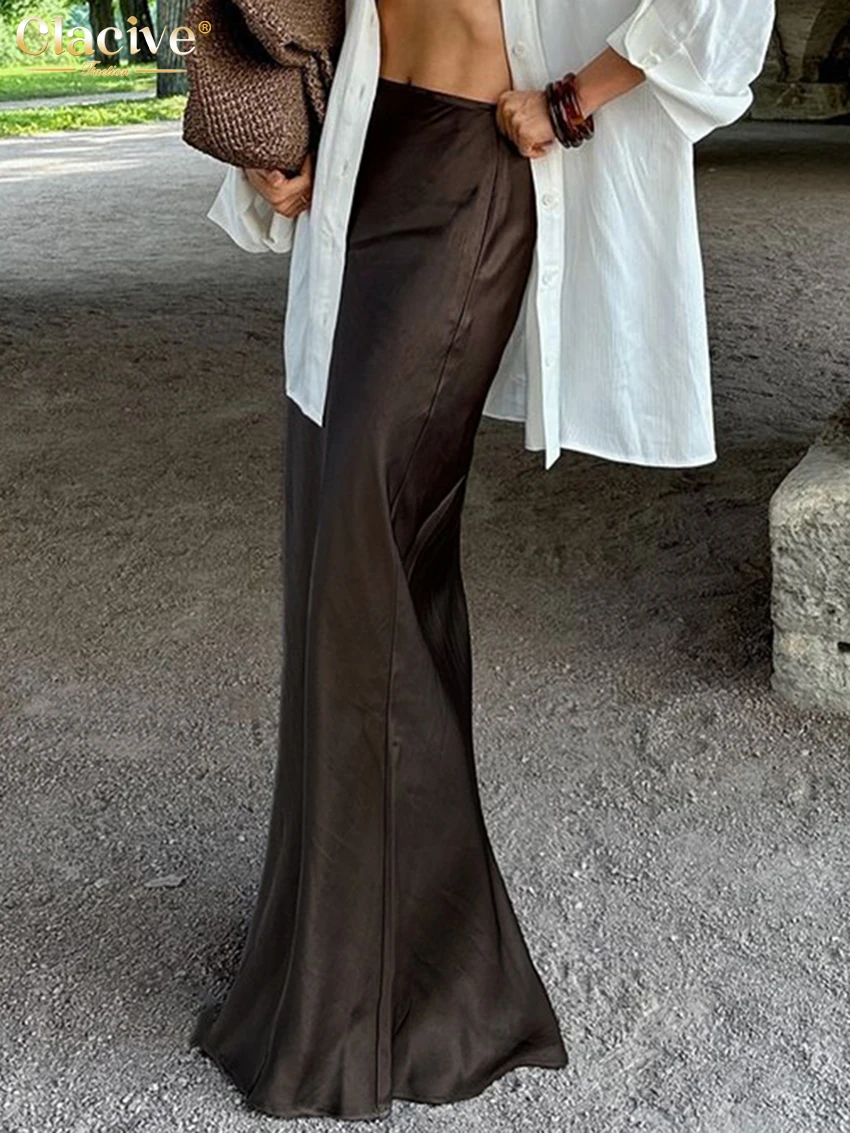 

Clacive Fashion Loose Brown Satin Women's Skirt Elegant High Waist Maxi Skirts Ladies Casual Simple Skirt Female Clothing 2024