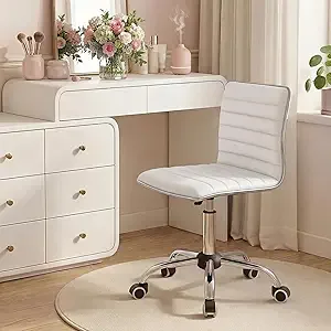 

ern Adjustable Low Back ArmlRibbed Task Oice Desk Vanity Swivel Rolling Leather Computer Conerence Chair (White)