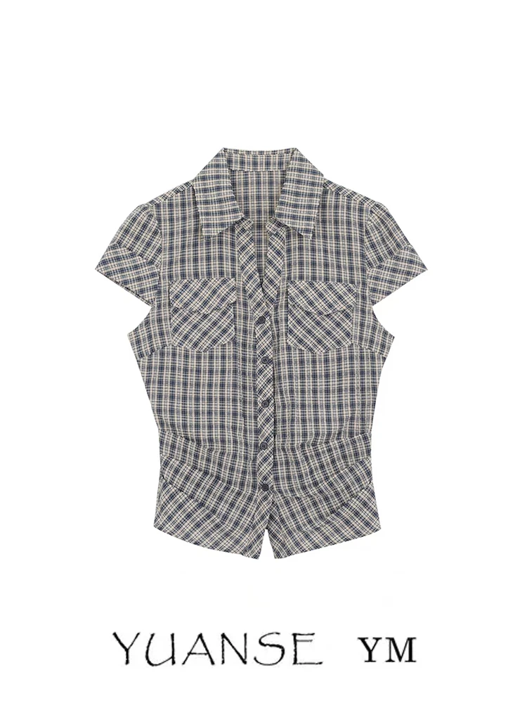 YUANSE Unique Checkered Commuter Shirt Women's Summer Slimming Short Sleeve Shirt Beautiful Waist-Cinching Trendy Girl