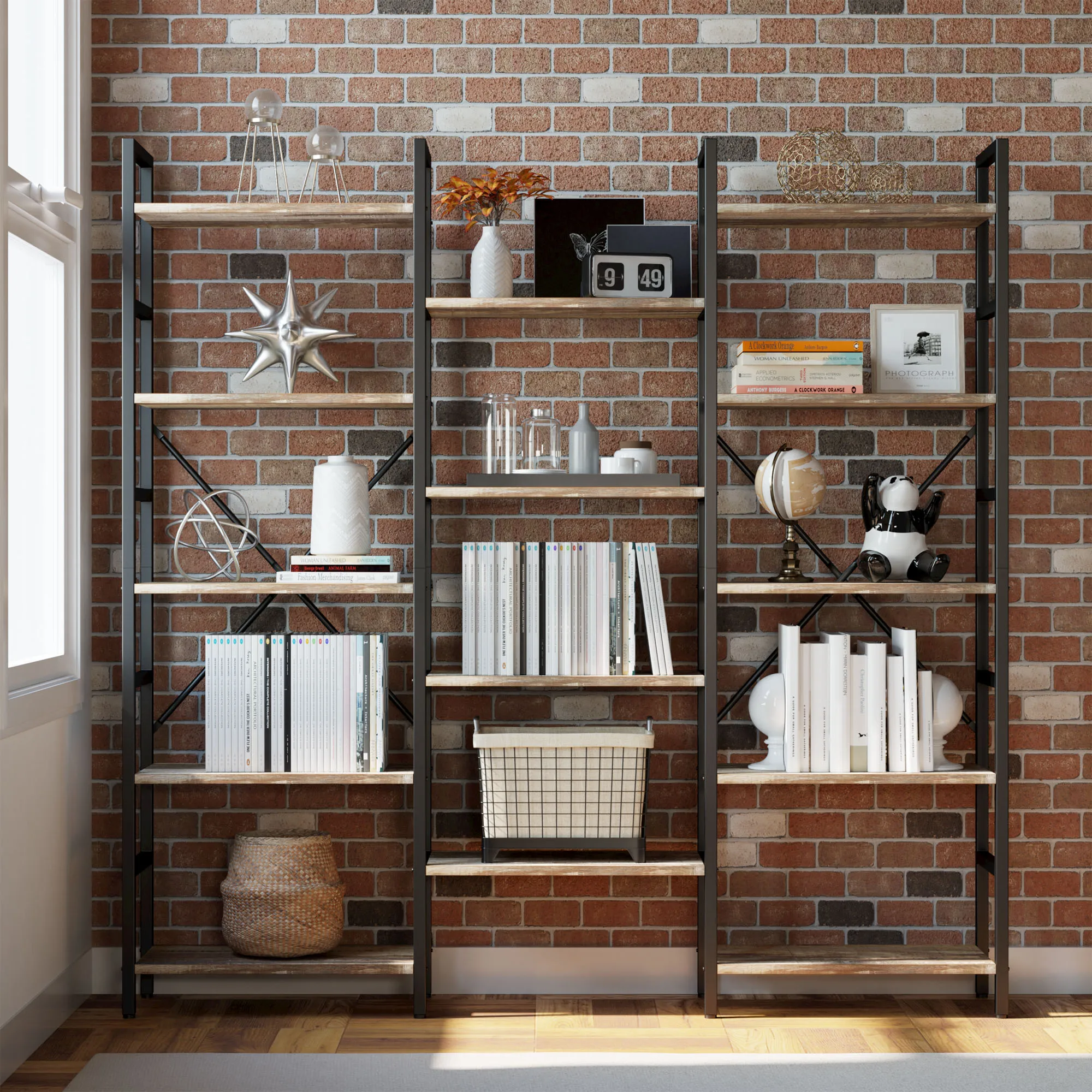 IRONCK Bookcases and Bookshelves Triple Wide 5 Tiers Industrial Bookshelf, Large Etagere Bookshelf Open Display Shelves