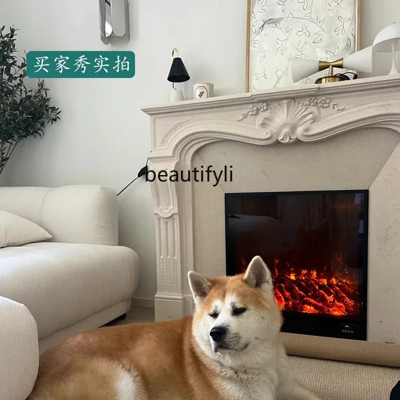 

GG Marble fireplace French retro living room decoration simple fireplace beige stone carving fireplace