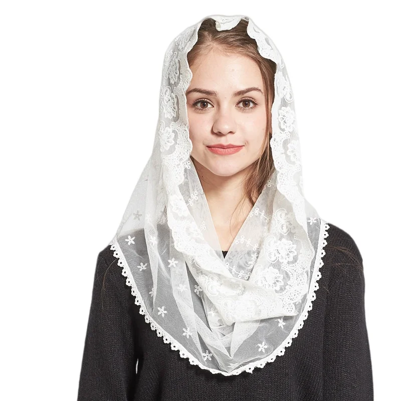 Velo de encaje floral blanco - Mantón para la cabeza para la Misa Católica Latina, pañuelo para cubrir la cabeza, velo musulmán español para iglesias, capillas, bodas, novias