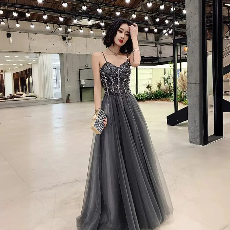 2025 New Women's Sexy Glitter Strap Long Style Banquet Fairy Evening Dress Fashionable and Skinny Celebrity Host Dress