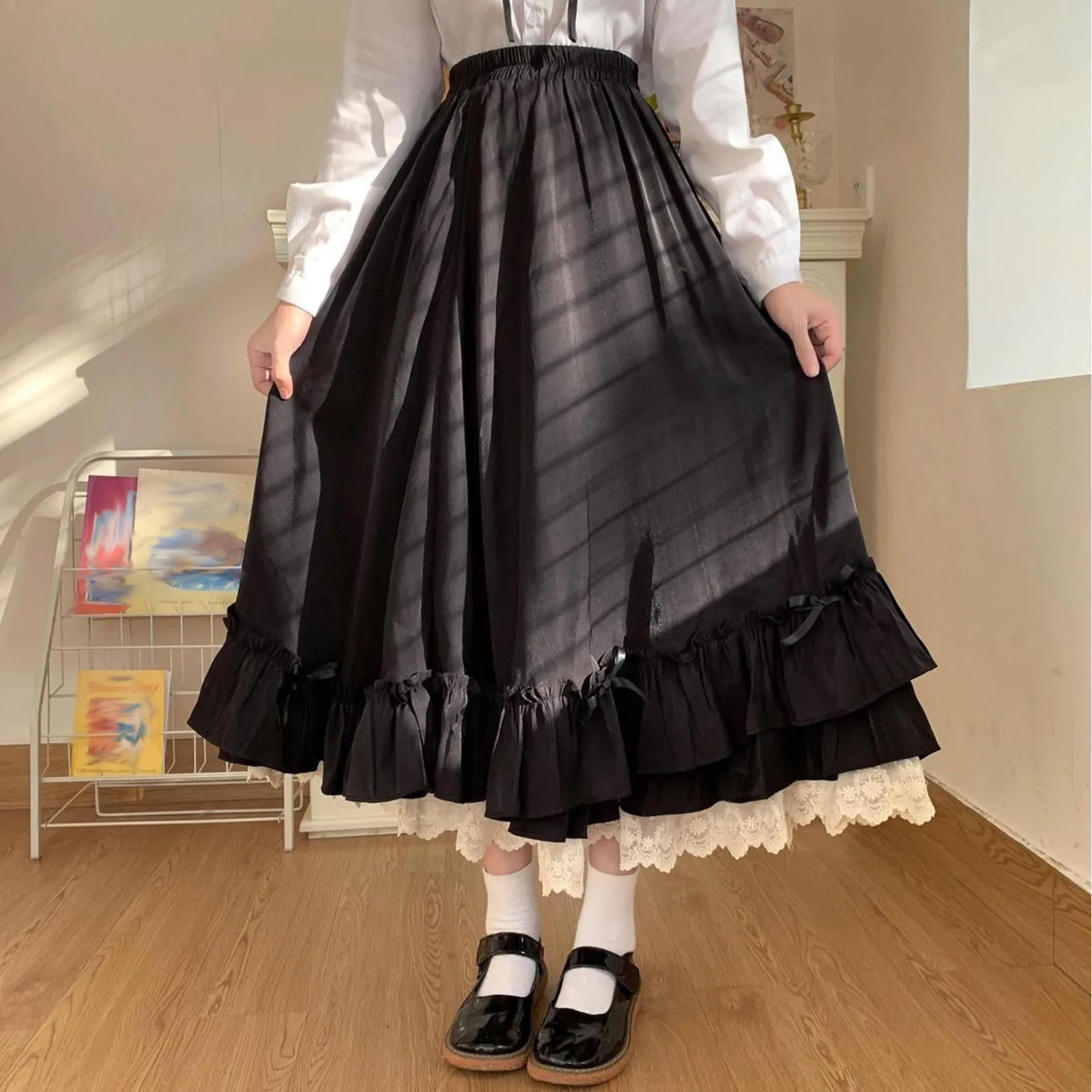 Women's Solid Color High Waist Two Piece Skirt Set Japanese Style Sweet Lolita Ruffled Hem Cute Long Skirts