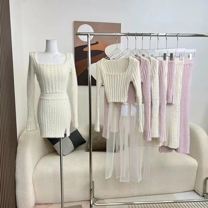 Knitted Sweater Suits Female Elegant 2 Piece Skirts Korean Fashion Even Party Y2k Crop Tops Japanese Kawaii Clothing 2023 Winter